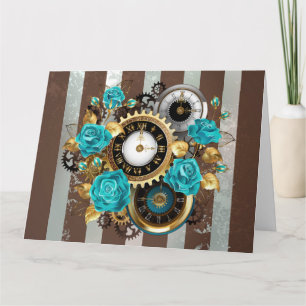 Steampunk Clock och Turcouise Ro på Stripe Kort