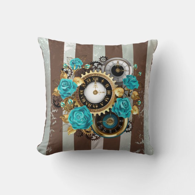 Steampunk Clock och Turcouise Ro på Stripe Kudde (Framsida)