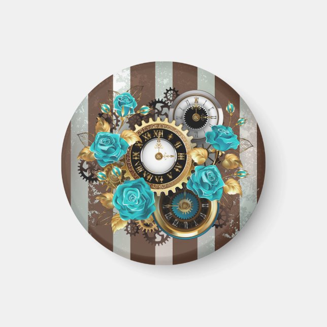 Steampunk Clock och Turcouise Ro på Stripe Magnet (Framsidan)