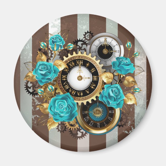 Steampunk Clock och Turcouise Ro på Stripe Magnet (Framsidan)