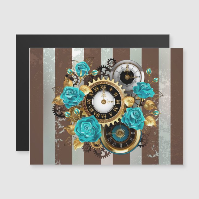Steampunk Clock och Turcouise Ro på Stripe Magnetisk Inbjudningskort (Fram/baksida)