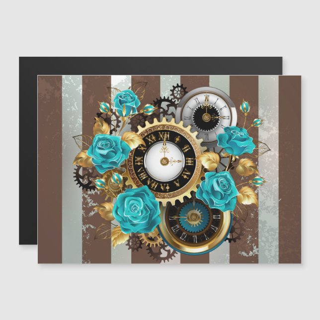 Steampunk Clock och Turcouise Ro på Stripe Magnetisk Inbjudningskort (Fram/baksida)