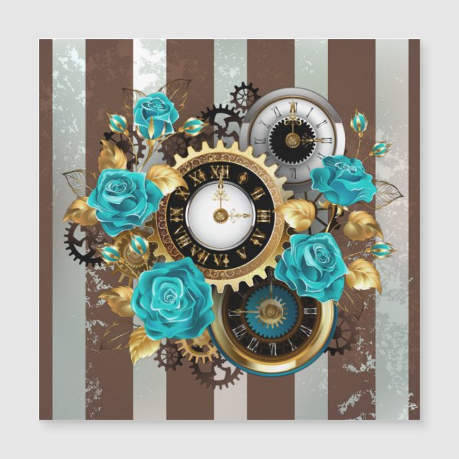 Steampunk Clock och Turcouise Ro på Stripe Magnetisk Inbjudningskort (Framsida)