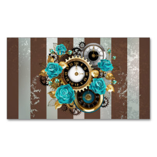 Steampunk Clock och Turcouise Ro på Stripe Magnetiska Visitkort