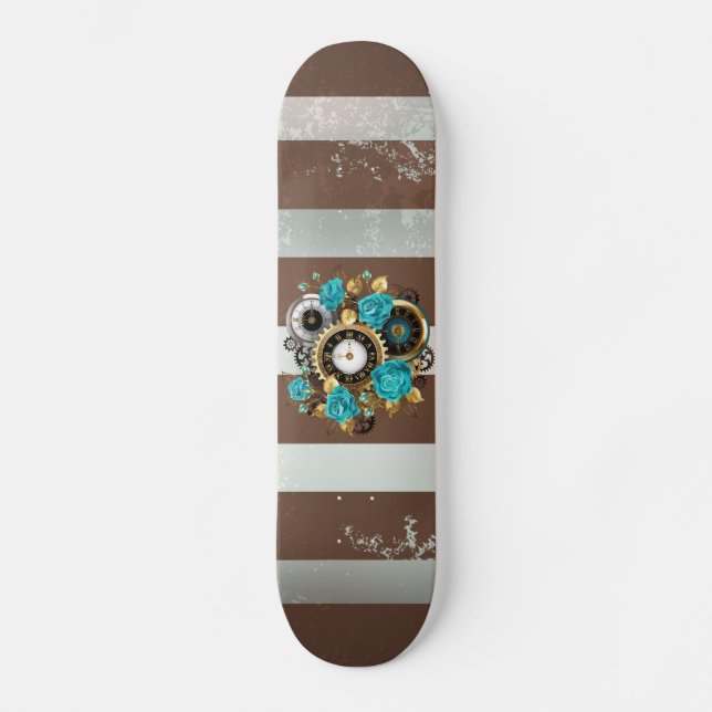 Steampunk Clock och Turcouise Ro på Stripe Mini Skateboard Bräda 18,5 Cm (Framsida)