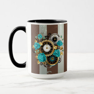 Steampunk Clock och Turcouise Ro på Stripe Mugg