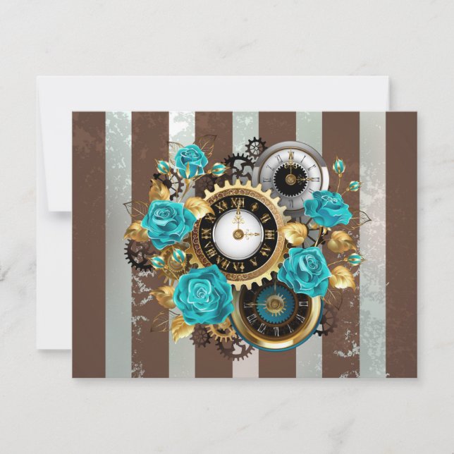 Steampunk Clock och Turcouise Ro på Stripe OSA Kort (Framsida)