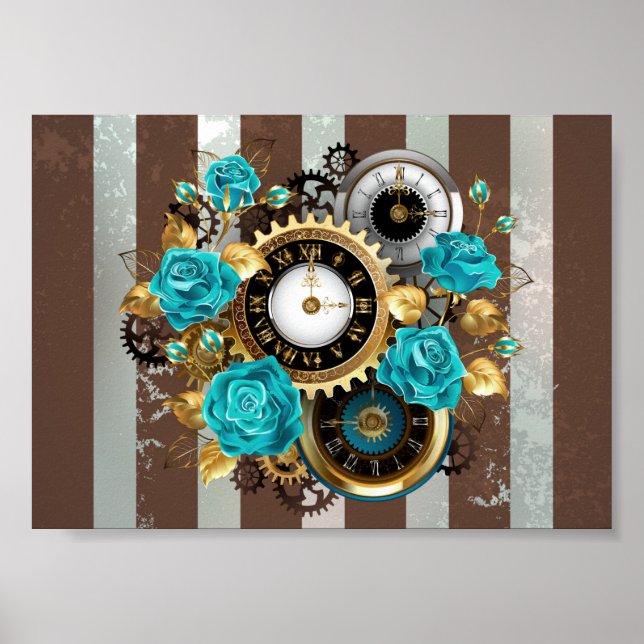 Steampunk Clock och Turcouise Ro på Stripe Poster (Framsidan)