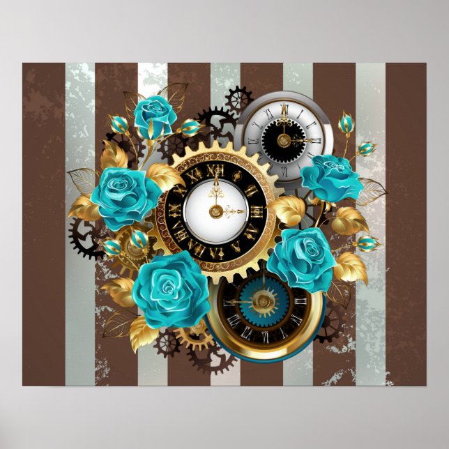 Steampunk Clock och Turcouise Ro på Stripe Poster (Framsidan)
