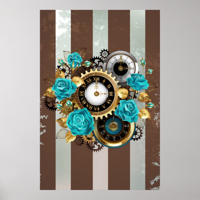Steampunk Clock och Turcouise Ro på Stripe Poster (Framsidan)
