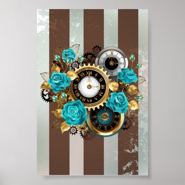 Steampunk Clock och Turcouise Ro på Stripe Poster (Framsidan)