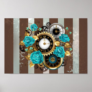 Steampunk Clock och Turcouise Ro på Stripe Poster