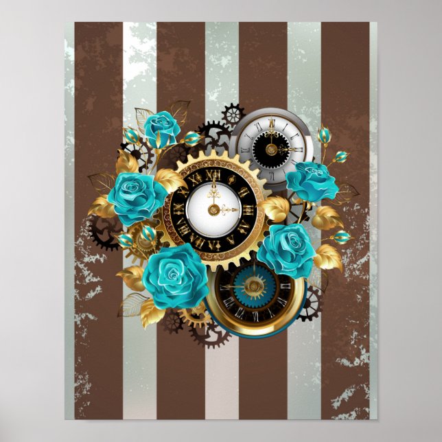 Steampunk Clock och Turcouise Ro på Stripe Poster (Framsidan)
