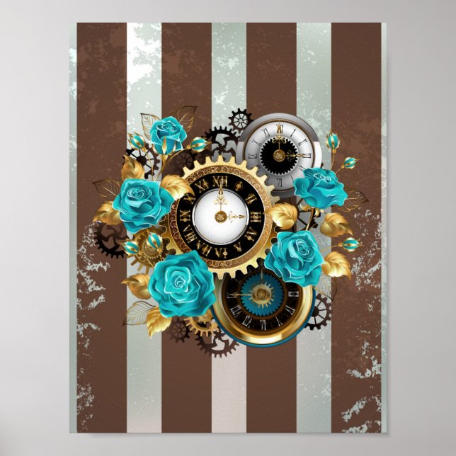 Steampunk Clock och Turcouise Ro på Stripe Poster (Framsidan)