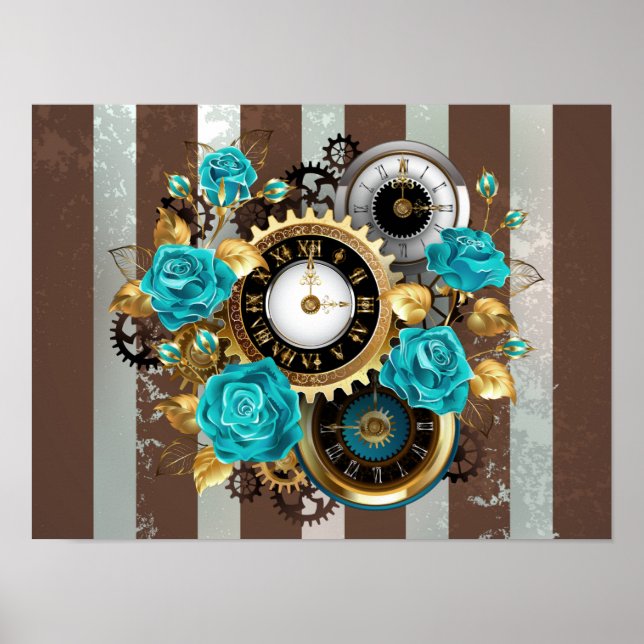 Steampunk Clock och Turcouise Ro på Stripe Poster (Framsidan)