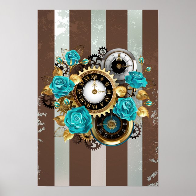 Steampunk Clock och Turcouise Ro på Stripe Poster (Framsidan)