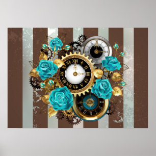 Steampunk Clock och Turcouise Ro på Stripe Poster