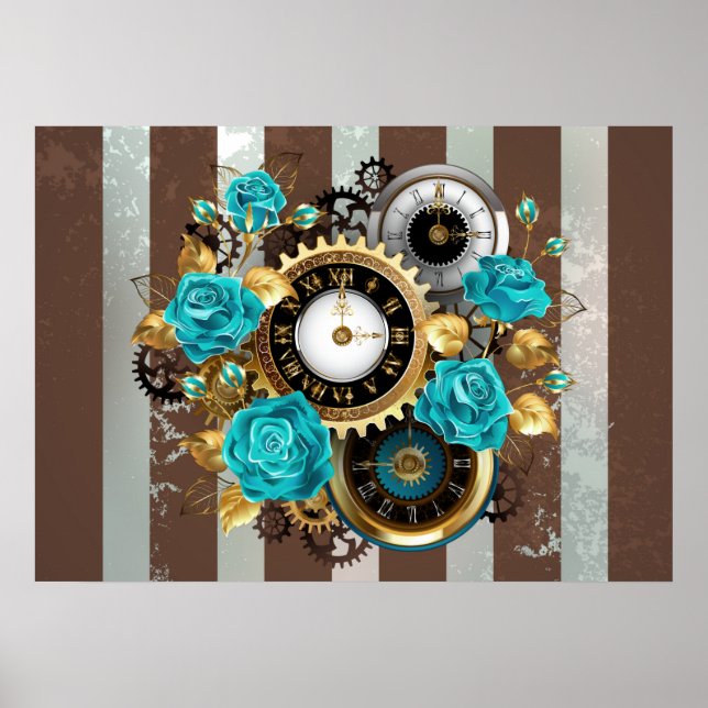 Steampunk Clock och Turcouise Ro på Stripe Poster (Framsidan)