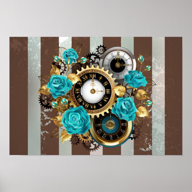 Steampunk Clock och Turcouise Ro på Stripe Poster (Framsidan)