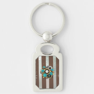Steampunk Clock och Turcouise Ro på Stripe Rektangulärt Silverfärgad Nyckelring