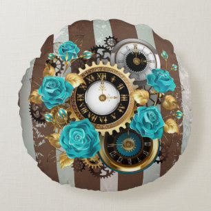 Steampunk Clock och Turcouise Ro på Stripe Rund Kudde