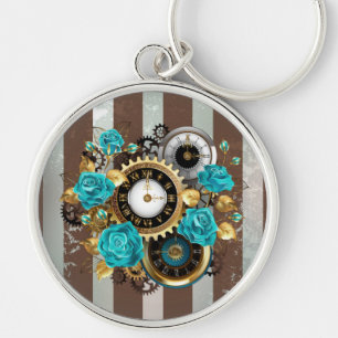 Steampunk Clock och Turcouise Ro på Stripe Rund Silverfärgad Nyckelring