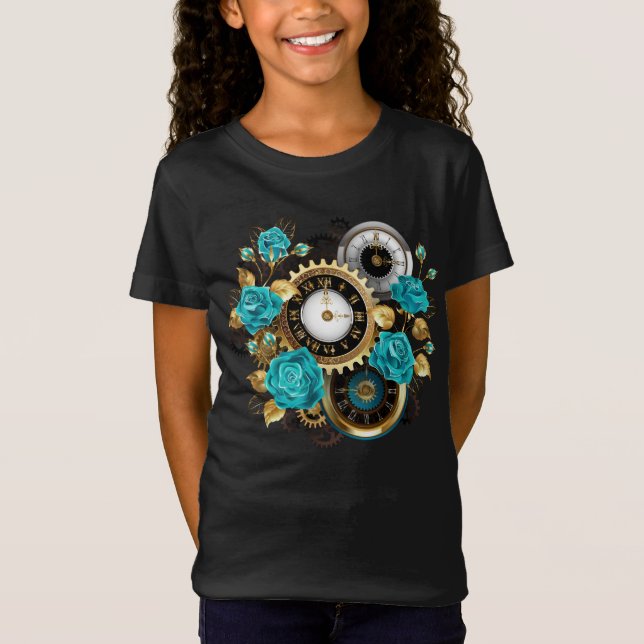 Steampunk Clock och Turcouise Ro på Stripe T Shirt (Framsida)