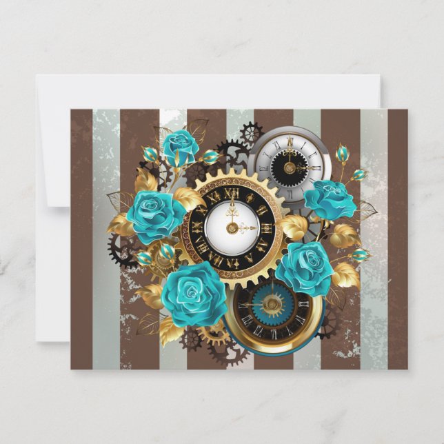 Steampunk Clock och Turcouise Ro på Stripe Tack Kort (Framsida)