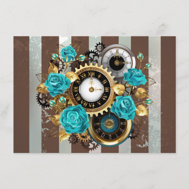 Steampunk Clock och Turcouise Ro på Stripe Tilläggskort (Framsida)