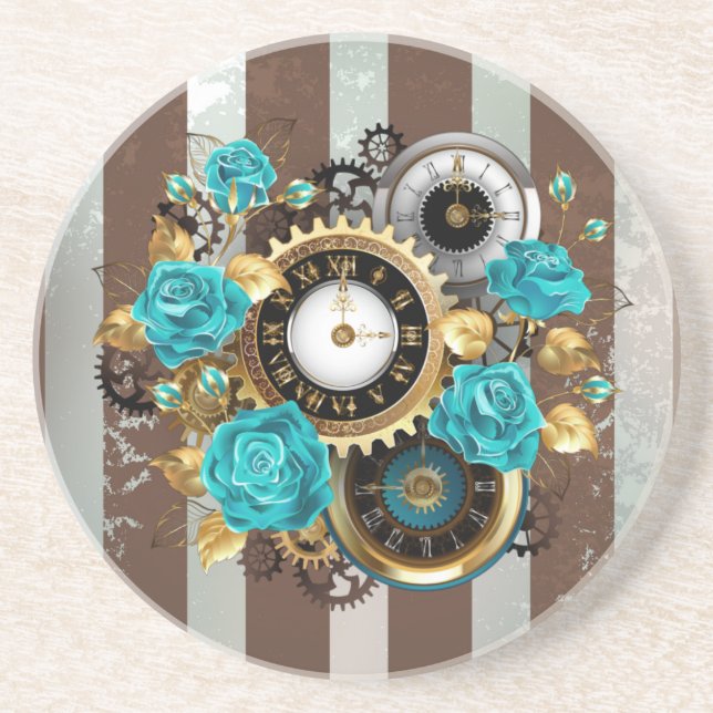 Steampunk Clock och Turcouise Ro på Stripe Underlägg (Framsidan)
