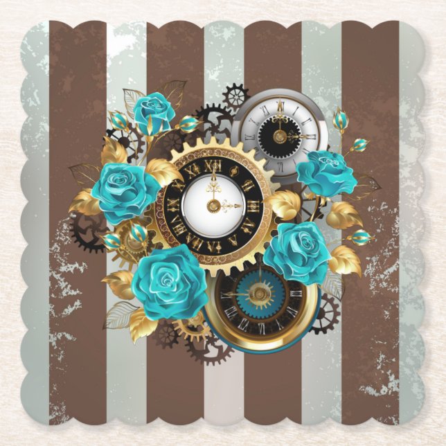 Steampunk Clock och Turcouise Ro på Stripe Underlägg Papper (Framsida)
