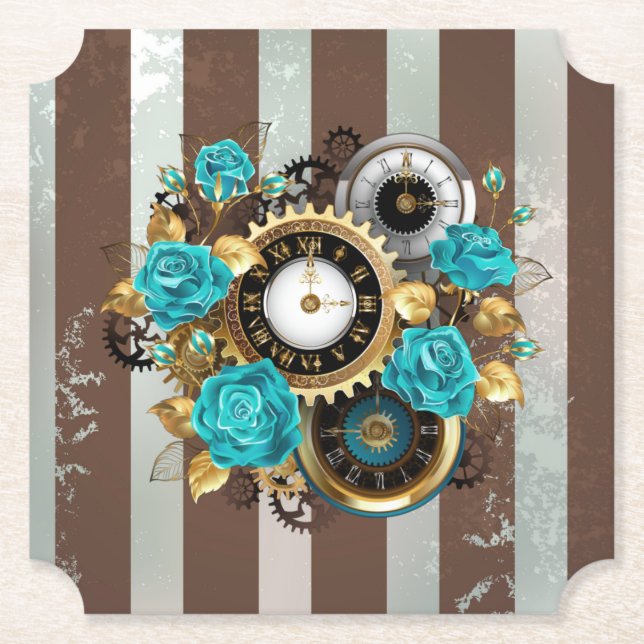 Steampunk Clock och Turcouise Ro på Stripe Underlägg Papper (Framsida)