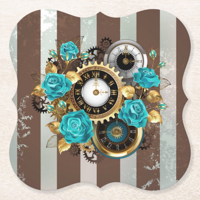 Steampunk Clock och Turcouise Ro på Stripe Underlägg Papper (Framsida)