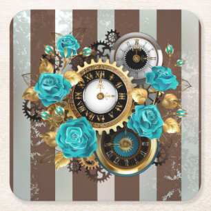 Steampunk Clock och Turcouise Ro på Stripe Underlägg Papper Kvadrat