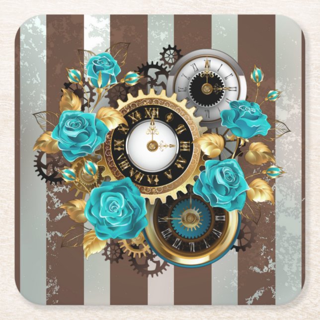 Steampunk Clock och Turcouise Ro på Stripe Underlägg Papper Kvadrat (Framsidan)