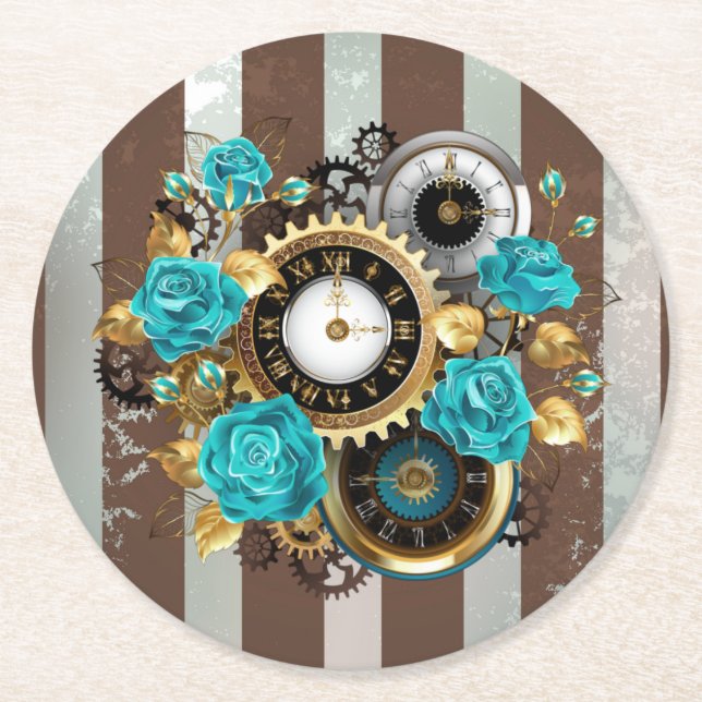 Steampunk Clock och Turcouise Ro på Stripe Underlägg Papper Rund (Framsidan)