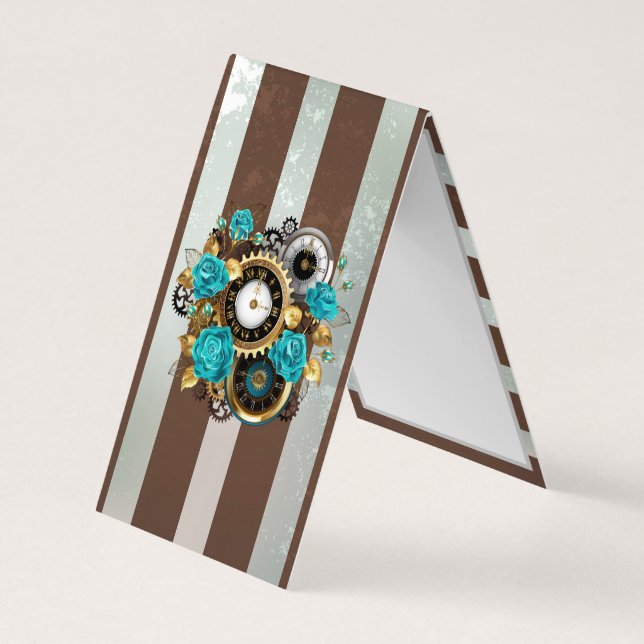 Steampunk Clock och Turcouise Ro på Stripe Visitkort (Baksida)