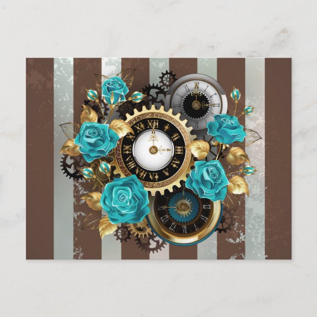 Steampunk Clock och Turcouise Ro på Stripe Vykort (Framsida)