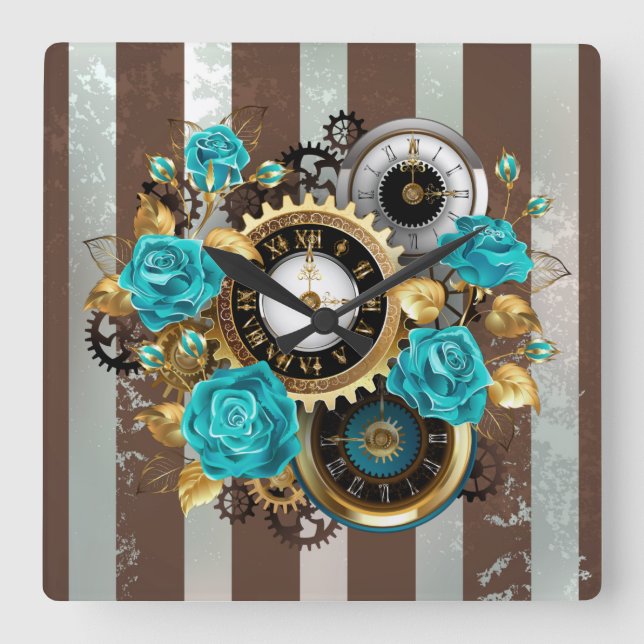 Steampunk Clock och Turquise Rosor på Stripe Fyrkantig Klocka (Framsida)