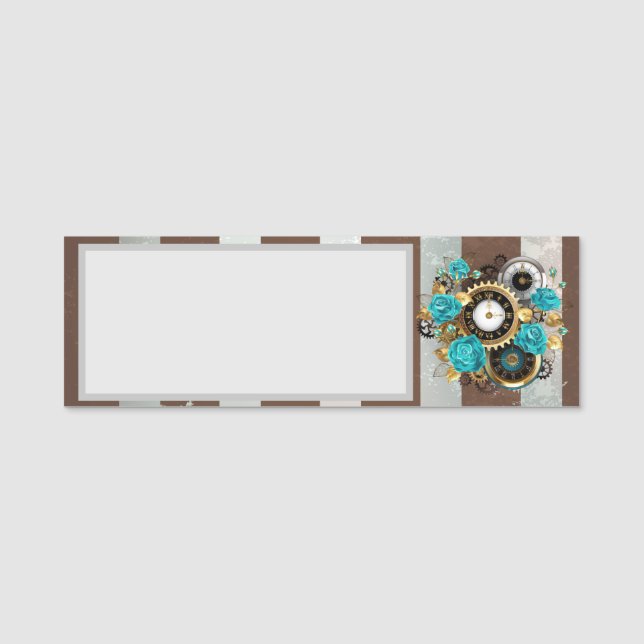 Steampunk Clock och Turquise Rosor på Stripe Namnbricka (Framsida)