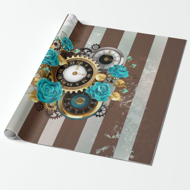 Steampunk Clock och Turquise Rosor på Stripe Presentpapper (Utrullad)
