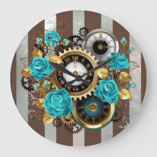 Steampunk Clock och Turquise Rosor på Stripe Stor Klocka
