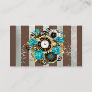 Steampunk Clock och Turquise Rosor på Stripe Visitkort