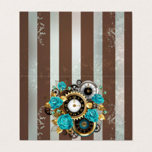 Steampunk Clock och Turquise Rosor på Stripe Visitkort