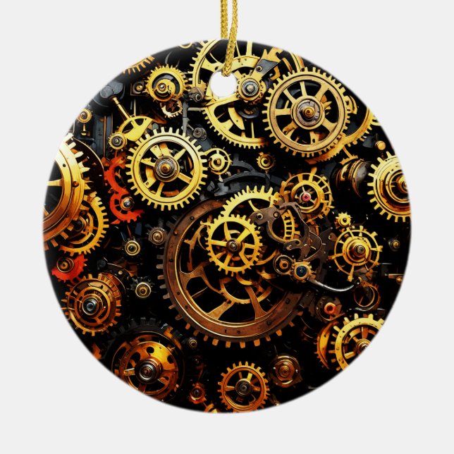 Steampunk Clockwork Gears 1004 Julgransprydnad Keramik (Framsidan)