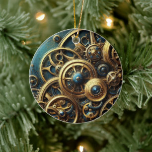 Steampunk Clockwork Guld och Teal Julgransprydnad Keramik