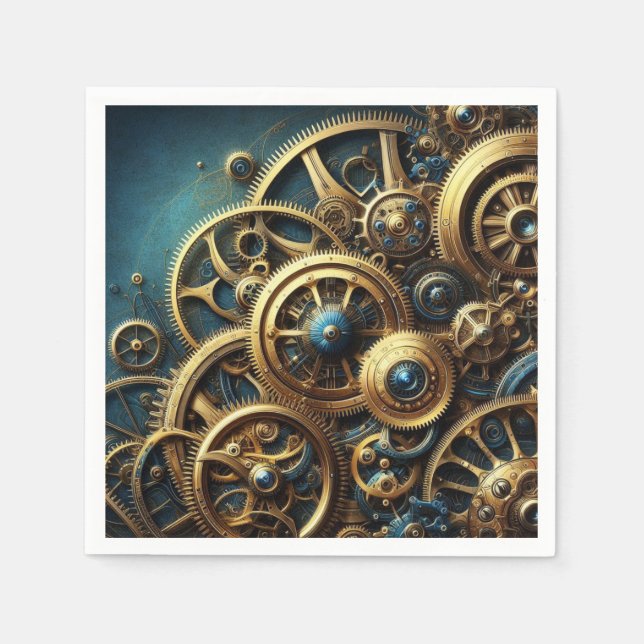 Steampunk Clockwork Guld och Teal Pappersservett (Framsidan)
