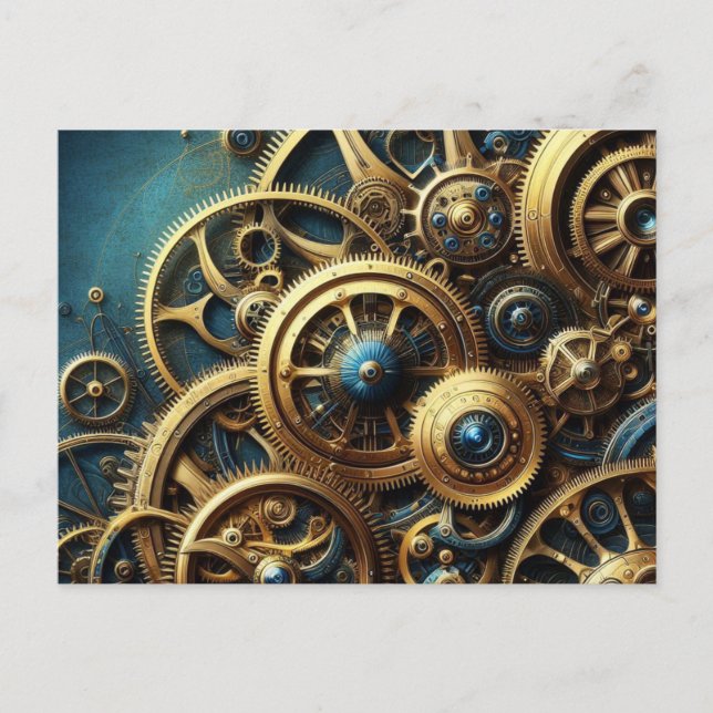 Steampunk Clockwork Guld och Teal Vykort (Framsida)