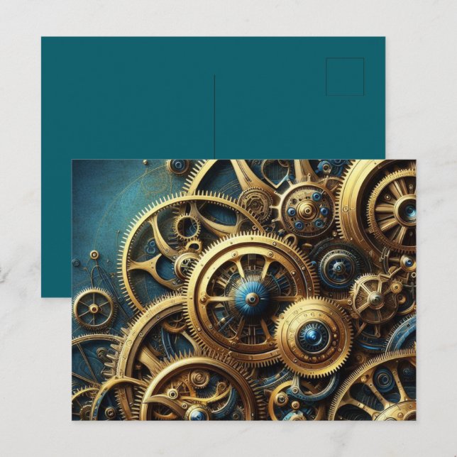 Steampunk Clockwork Guld och Teal Vykort (Fram/baksida)