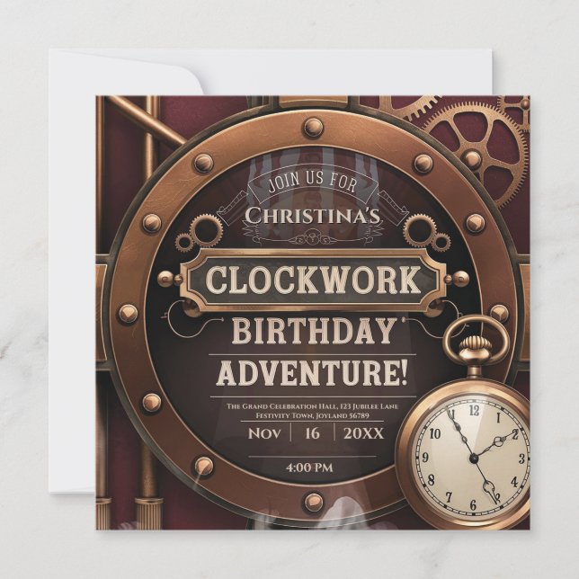 Steampunk Clockwork Vintage Födelsedagsfest Inbjudningar (Framsida)